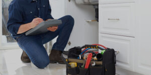 Image of a plumber working on kitchen sink plumbing