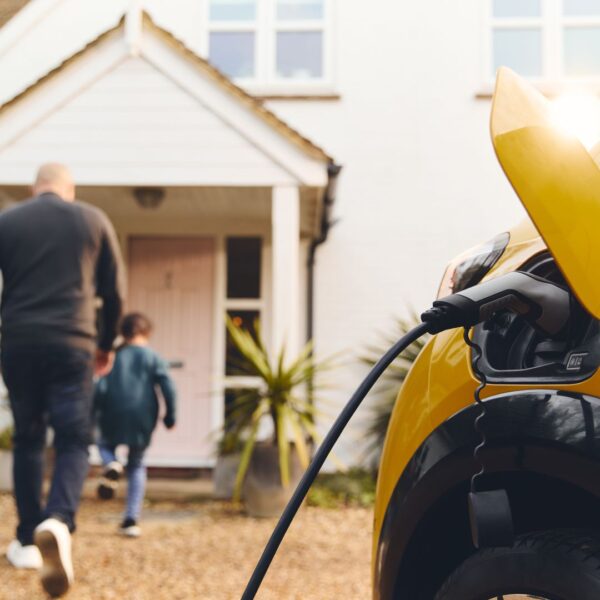 family charging electric vehicle at home