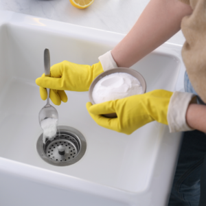 Person pouring a wide powdery substance down a sink drain.