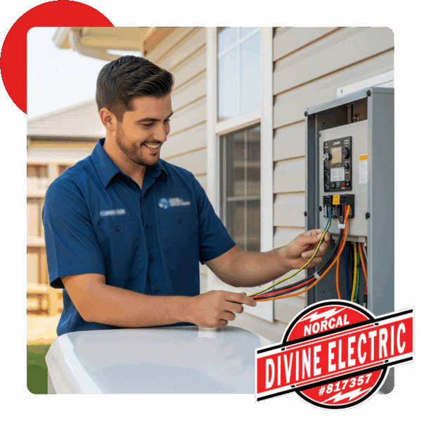 Electrician working on generator outside a home