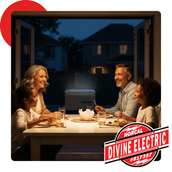 Family sitting at the kitchen table during power outtage with power from their generator
