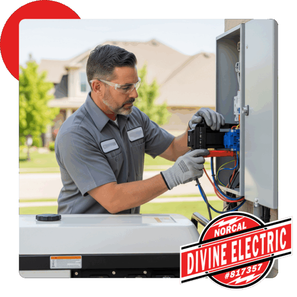 Electrician working on generator outside