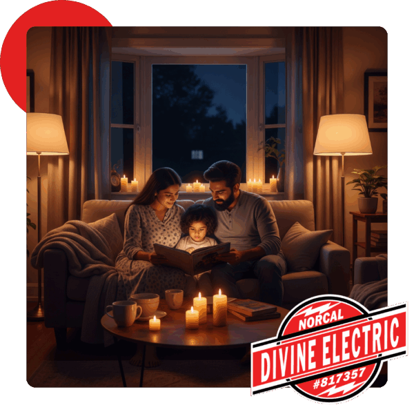 Family sitting in their house using power from their generator