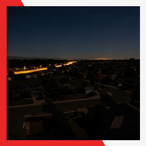 An aerial night view of a suburban neighborhood with houses, streets, and cars, where most homes are dark but some distant streetlights and a few houses show lights, indicating a widespread power outage.