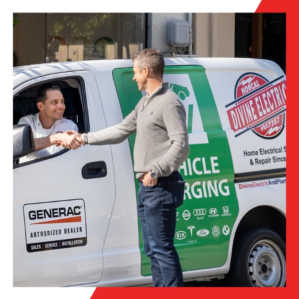 A technician in a white "Divine Electric" van shakes hands with a male client, both smiling, with "Generac Authorized Dealer" visible on the van's side.