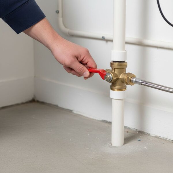 person's hand turning the red handle of a main water shut-off valve