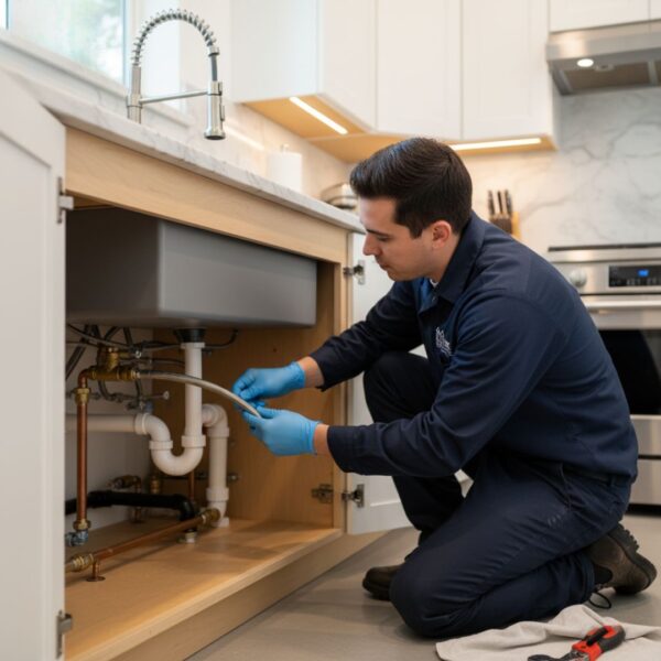 professional plumber inspecting pipes under a kitchen sink for a safety check