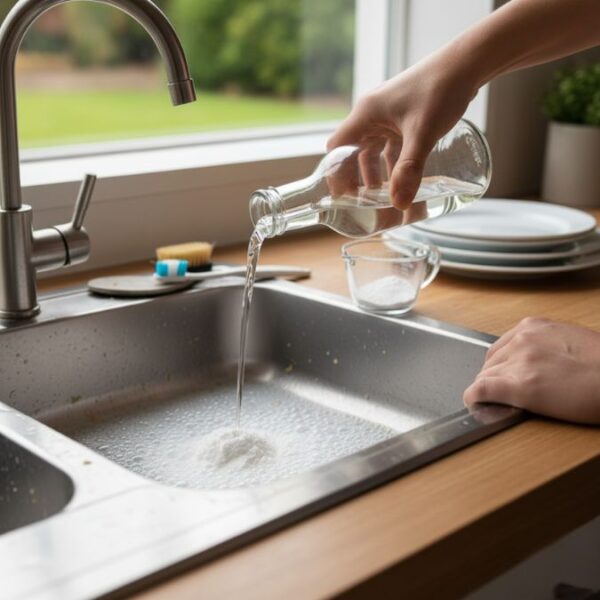 pouring vinegar over baking soda in a sink