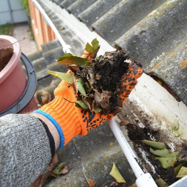 cleaning debris from the gutter