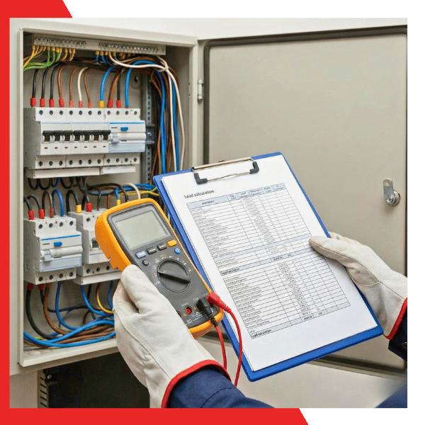 Licensed electrician using a multimeter to test a dedicated circuit for a fast charging station at home.