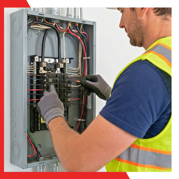 Qualified electrician installing a dedicated high-amperage breaker for a fast charging station at home.