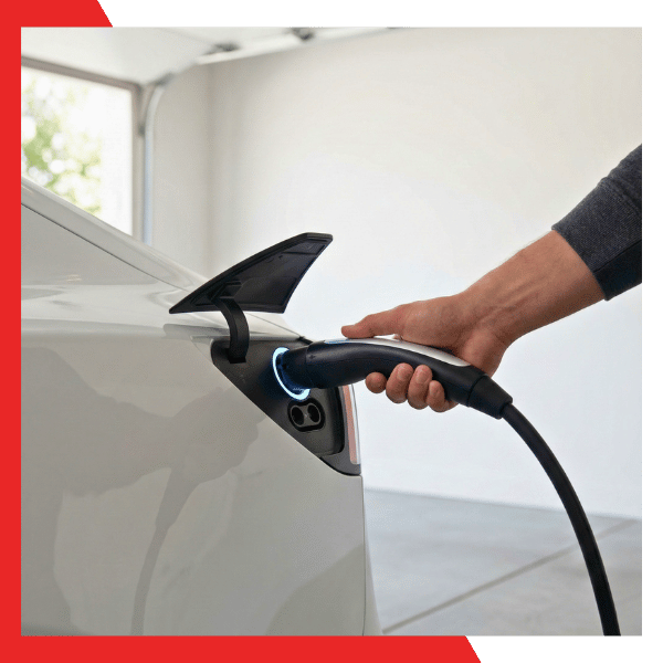 A professional Tesla wall connector installer San Rafael setup showing a Tesla being plugged in for fast charging at home.