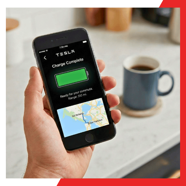 Hand holding a smartphone showing a completed Tesla vehicle charging notification next to a morning cup of coffee.