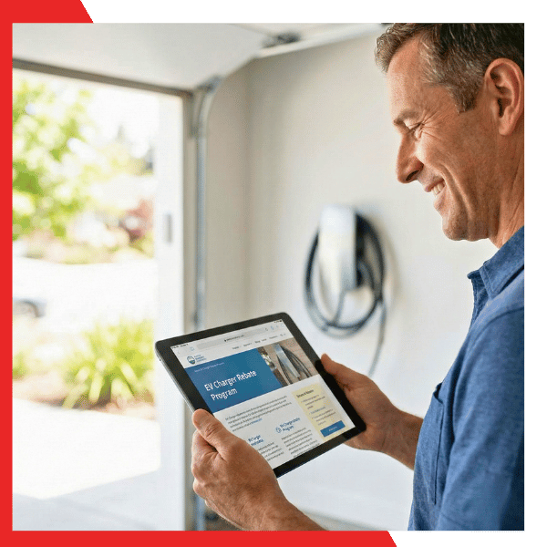 San Rafael homeowner using a tablet to research 2026 home EV charging rebates for their new installation.