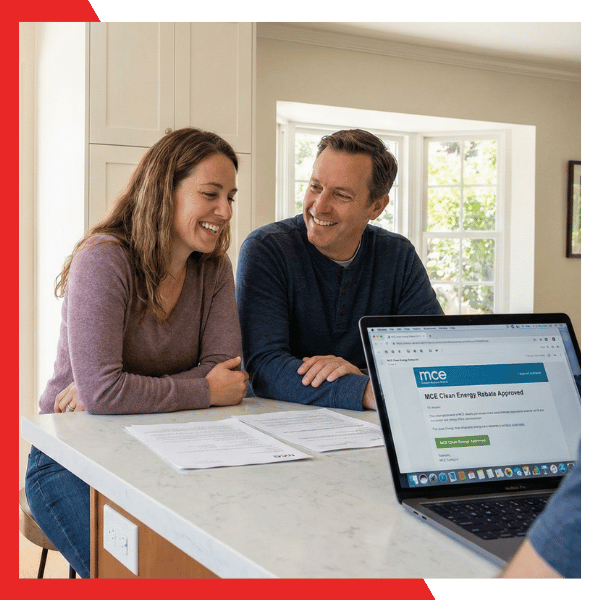 Happy Marin County homeowners reviewing home EV charging rebates on a laptop in their kitchen after a professional installation.