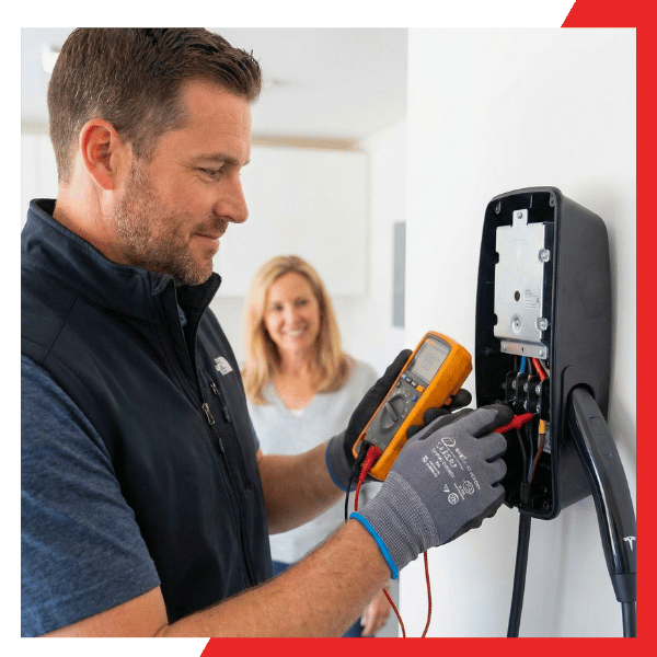 Expert neighbor electrician performing a safety check on a hardwired Level 2 EV charger installation.