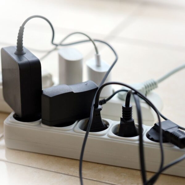 An overcrowded power strip in a home.