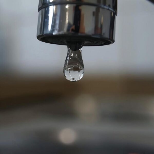 Leaky faucet with a water drop coming out.