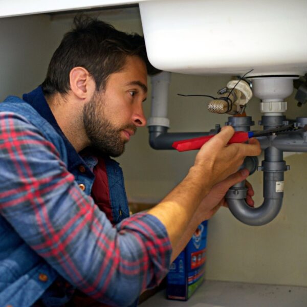 Professional plumber fixing a faucet.