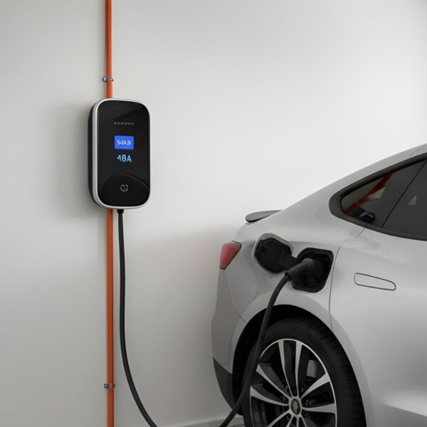 Home garage EV charging a white tesla.