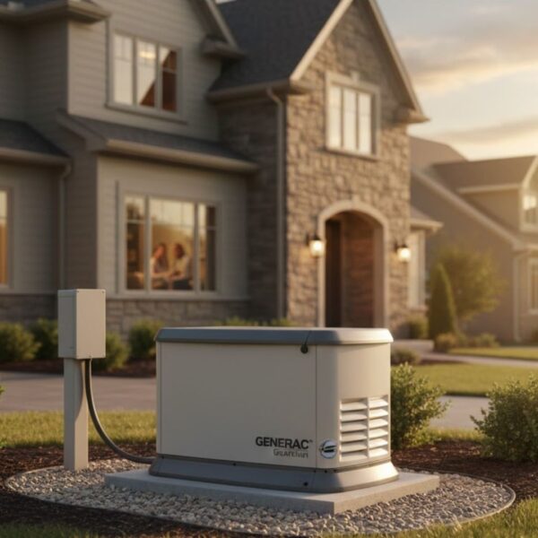 A white Generac home standby generator.