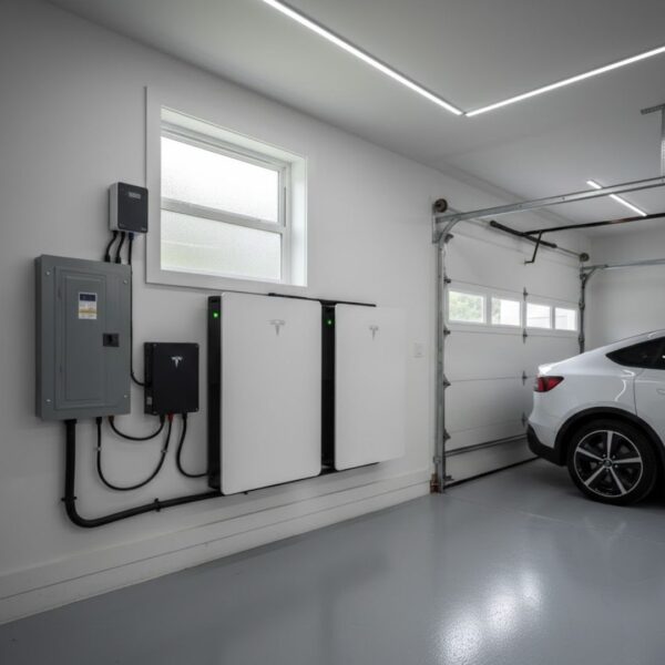 A battery bakck-up system in a garage.