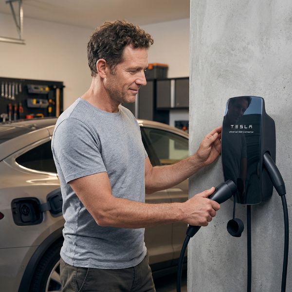 man and Tesla EV charger