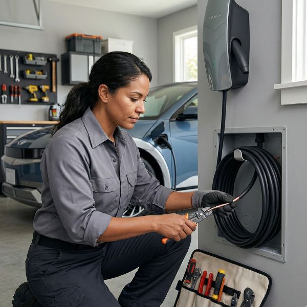 woman and Tesla EV charger