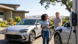 couple charging electric vehicle